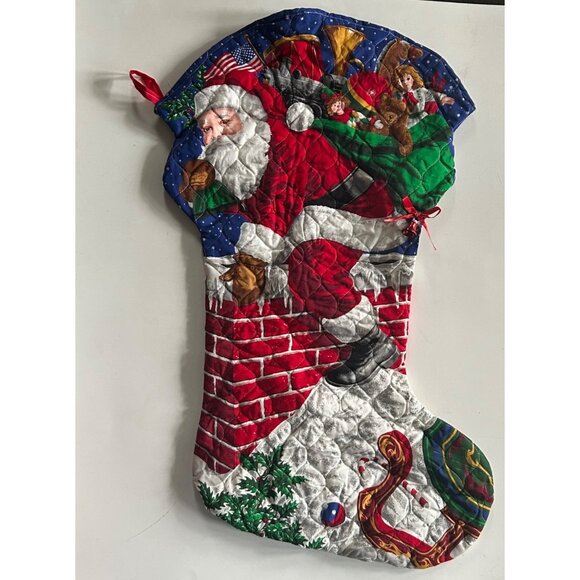 2 Jumbo Santa Claus Quilted Christmas Stocking Bell & Ribbon Oversized Giant Set - Picture 2 of 8